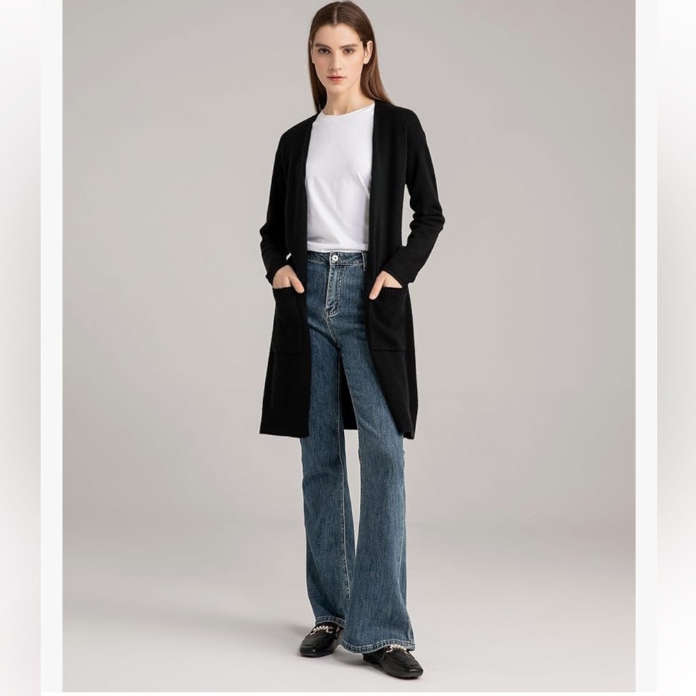 State Cashmere Black Open Front Women's Sweater